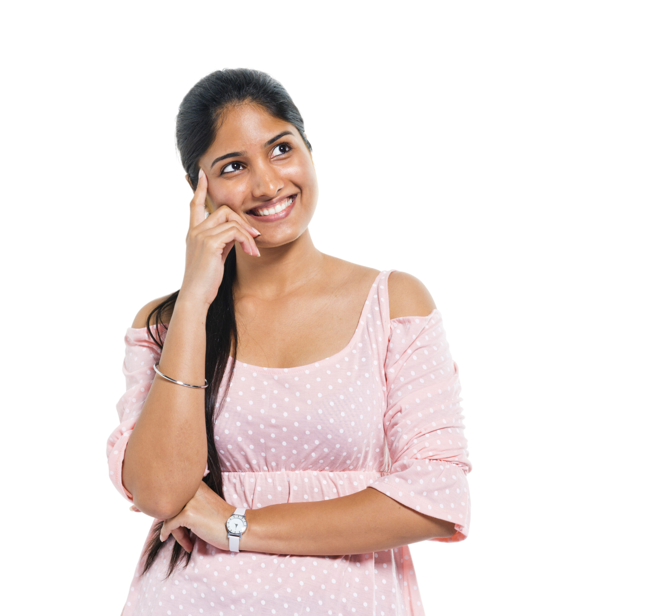 a cheerful thinking indian woman